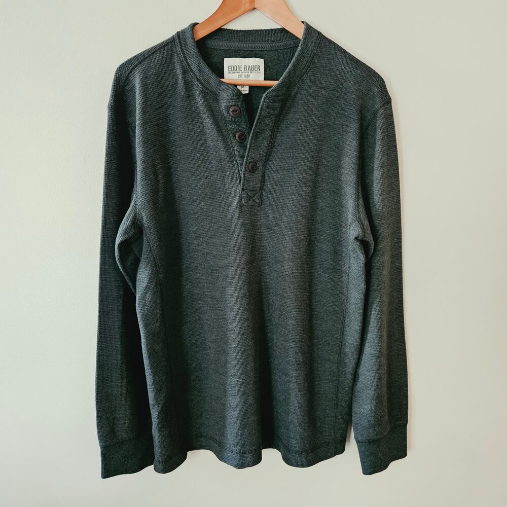 Eddie Bauer Men's Henley Thermal Size Medium Green Waffle Knit